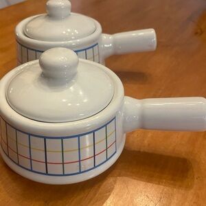 Vintage Plaid Pattern Ceramic Soup Crocks with Lids - Set of 2
